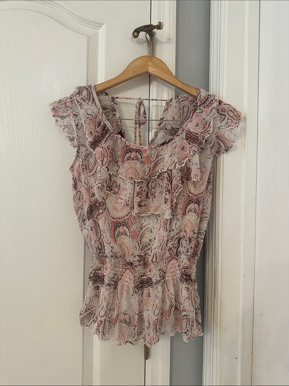 BCX Pink Paisley Ruffle Peplum Blouse